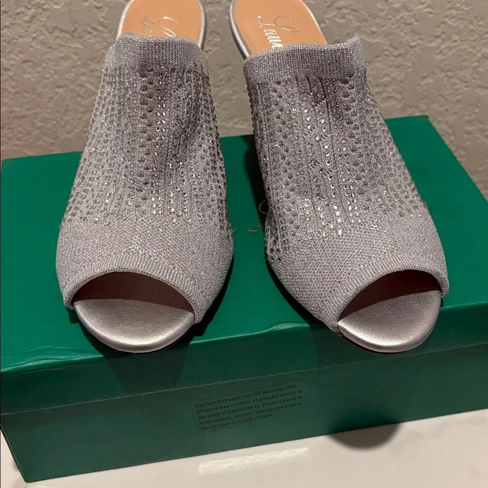 Lauren Lorraine size 6.5 Glittering Silver Wedge Mules - Picture 2 of 8